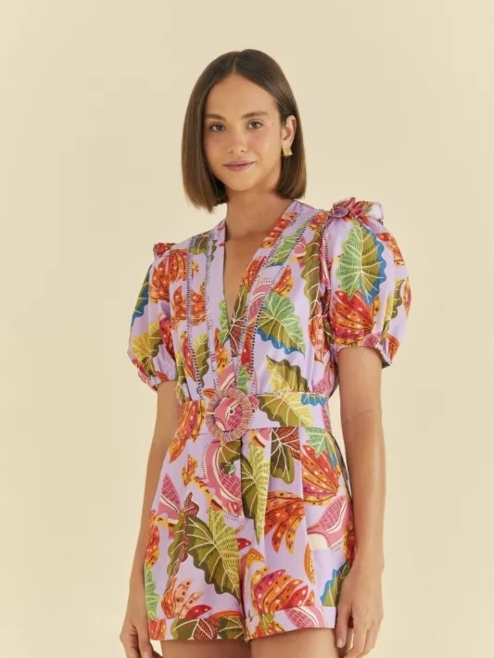Farm Rio Lilac Beaks & Bananas Romper Sleeved Jumpsuit M